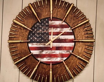 HUGE Patriotic Clock with .50 Cal bullets and Flag. The ultimate veteran gift & American, freedom decor!