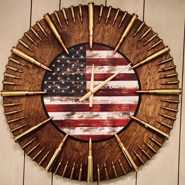 HUGE Patriotic Clock with .50 Cal bullets and Flag. The ultimate veteran gift & American, freedom decor!