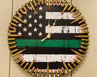 Thin Green Line Flag & Bullet Clock.  The ultimate gift for border patrol, game warden, forestry service, park rangers!