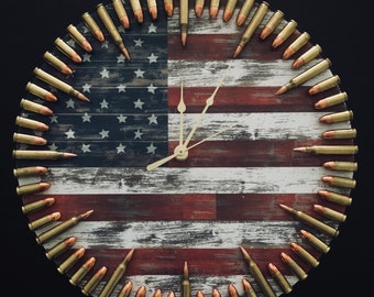 Original Patriotic Flag & Bullet Clock. The ultimate veteran gift and any freedom loving American!