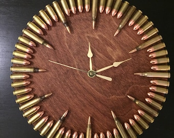 Bullet Clock in red chestnut stain.  Great gift for shooters, hunters, military, man cave, gun gift!