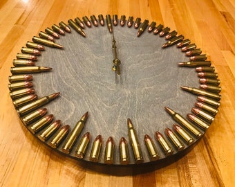 Original Weathered Gray Bullet Clock. Rustic wall decor & gun gift.