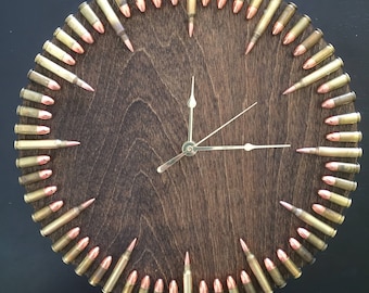 Original Dark Walnut Stained Bullet Clock.  Perfect veteran gift or for the hard-to-shop for dad or husband!