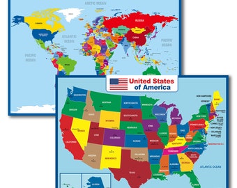 Kids Education World Map Of USA Geography School Fabric Decor Poster B485