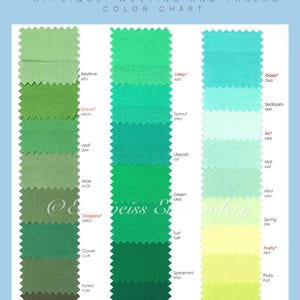 May include: Color chart for Edelweiss Embroidery, featuring a range of green hues. The chart displays fabric swatches with names like Keylime, Julep, and Emerald, ideal for applique, welting, and thread color selection.