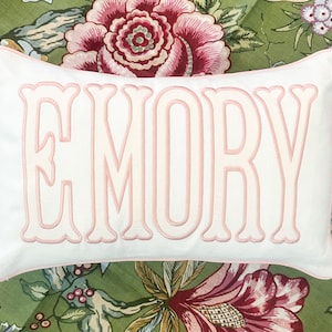 Boudoir Lumbar Name pillow(classic Fishtail) in soft white linen base fabric,many more styles at www.edelweissembroidery.com