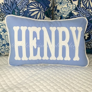 Boudoir Lumbar Name pillow(classic Fishtail) in French Blue base fabric,many more styles at www.edelweissembroidery.com