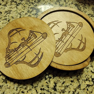 Bow hunting Deer PSE bow and antlers Wood Engraved Coaster Set with Holder Deer hunting bow racing fishing birthday present wedding buck