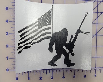 Bigfoot Hunter with American Flag and 50 cal rifle hunting  Sasquatch Bigfoot American Flag durable sticker 6" Logo Vinyl Decal label custom