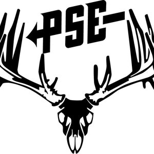 May include: Black and white silhouette of a deer skull with antlers. The text "PSE" is above the skull with an arrow pointing to the left.