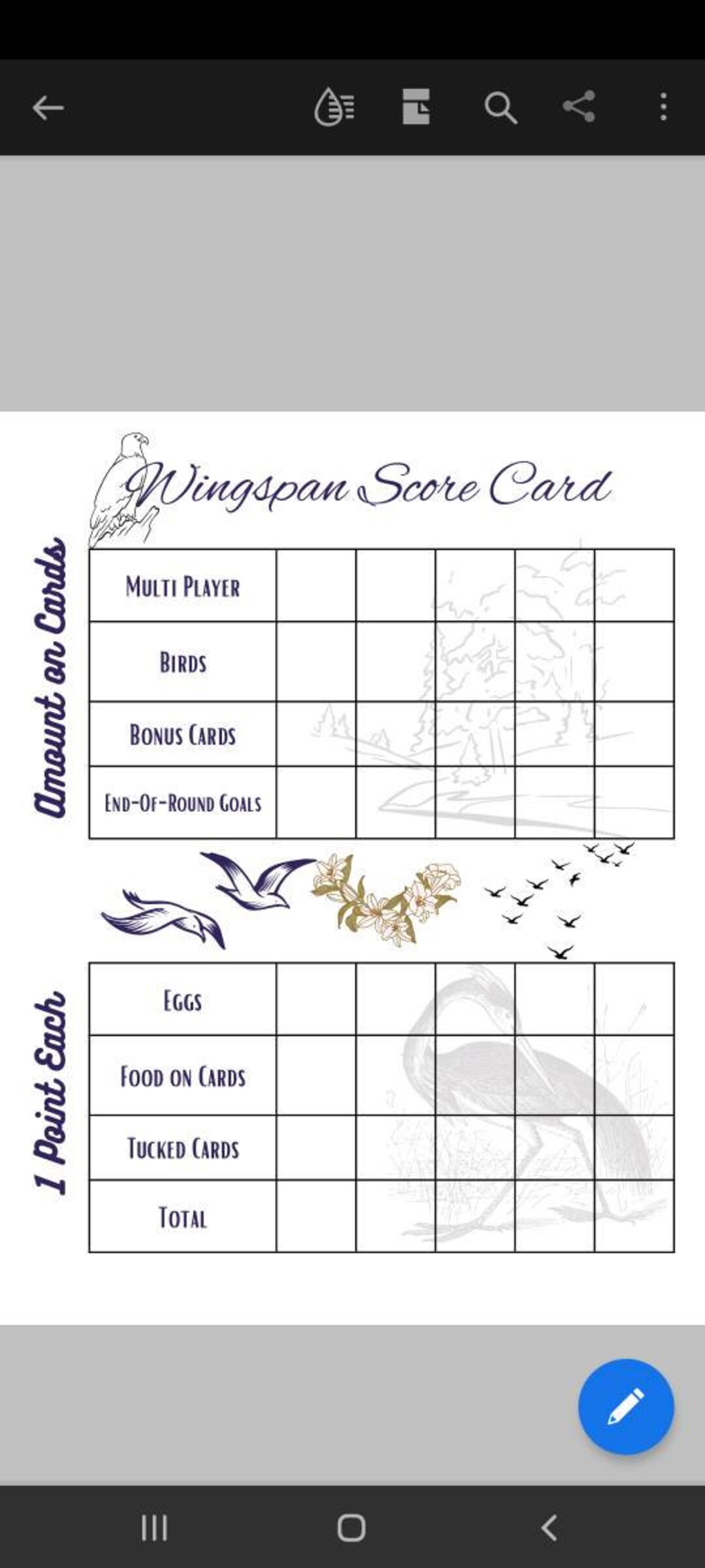 Wingspan Score Sheet Large Font Etsy