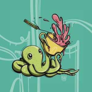 Octopus Tea Time/ Bright Octopus with Cup of Tea in the Kitchen