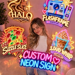 May include: A collection of five custom neon signs featuring various designs including a woman with a halo, a camera with the text FLASHFRAME BOOTH CO., a pizza slice labeled SIZZLE SLICE, a latte labeled CLOUD WHIP, and a sign reading CUSTOM NEON SIGN.