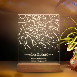 Veilleuse carte des étoiles, cadeau de fiançailles pour elle et lui, carte des étoiles personnalisée par date, carte des constellations personnalisée, ciel nocturne par date