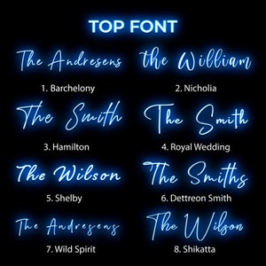 May include: A digital display titled TOP FONT featuring eight distinct blue neon-style script typography options labeled 1 through 8 with names including Barchelony, Nicholia, Hamilton, Royal Wedding, Shelby, Dettreon Smith, Wild Spirit, and Shikatta.