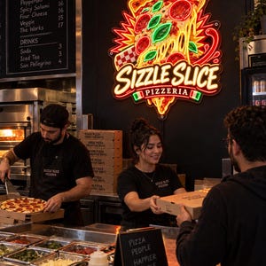 May include: A vibrant neon sign shaped like a slice of pepperoni pizza with the text Sizzle Slice Pizzeria in white and red. The sign features bright yellow, red, and green lights, mounted on a dark wall above a food service counter.