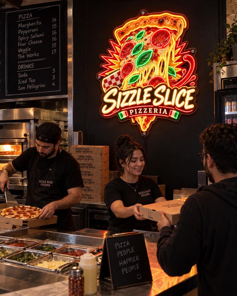 May include: A vibrant neon sign shaped like a slice of pepperoni pizza with the text Sizzle Slice Pizzeria in white and red. The sign features bright yellow, red, and green lights, mounted on a dark wall above a food service counter.