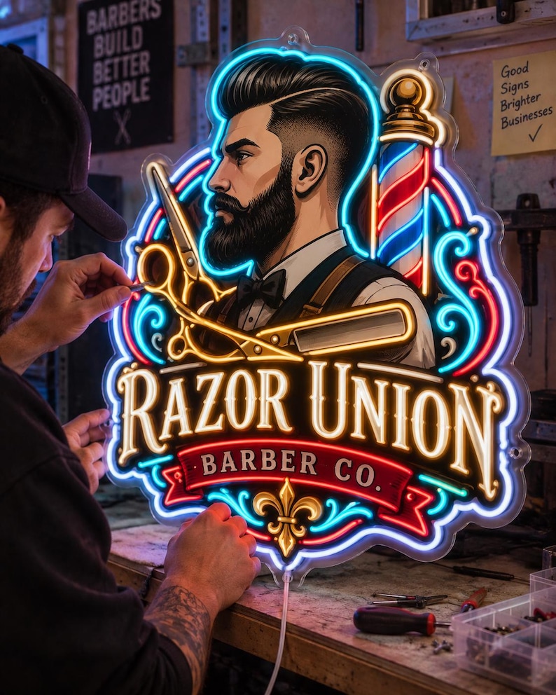 May include: A custom neon sign featuring a bearded barber in a suit, a barber pole, scissors, and a straight razor. The sign displays the text "RAZOR UNION BARBER CO." in a decorative font, illuminated with bright blue, red, and gold neon tubing.