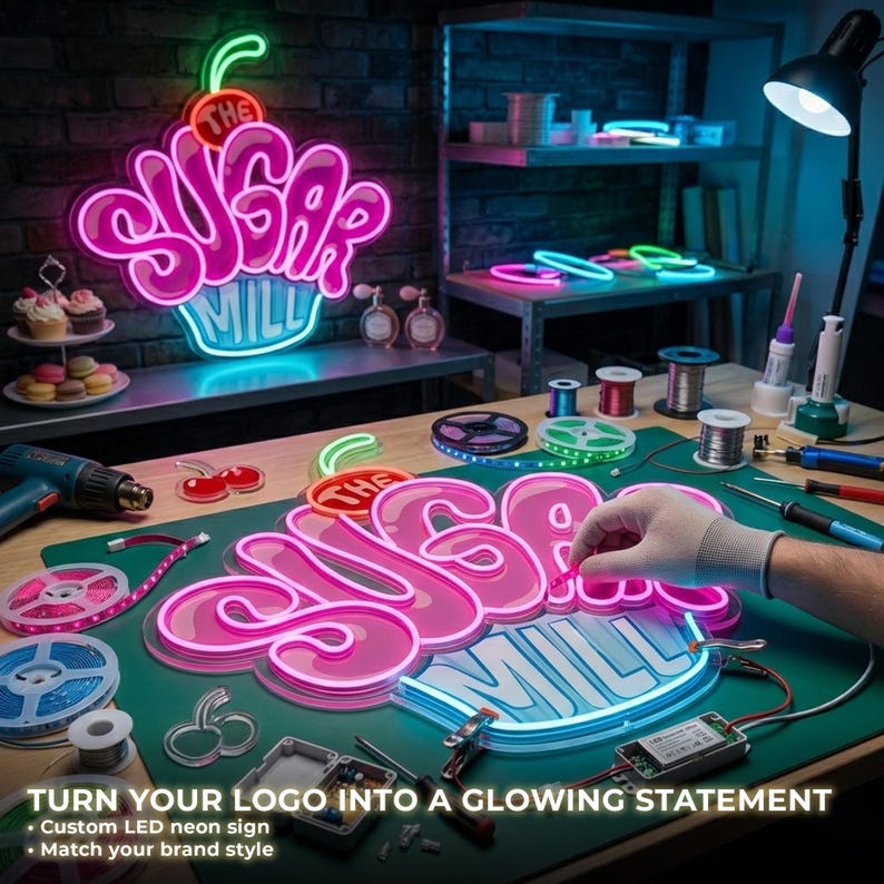 May include: A custom LED neon sign featuring the text THE SUGAR MILL in pink and light blue, shaped like a cupcake with a cherry on top. The sign is displayed on a green work mat alongside tools, wire spools, and a heat gun for assembly.