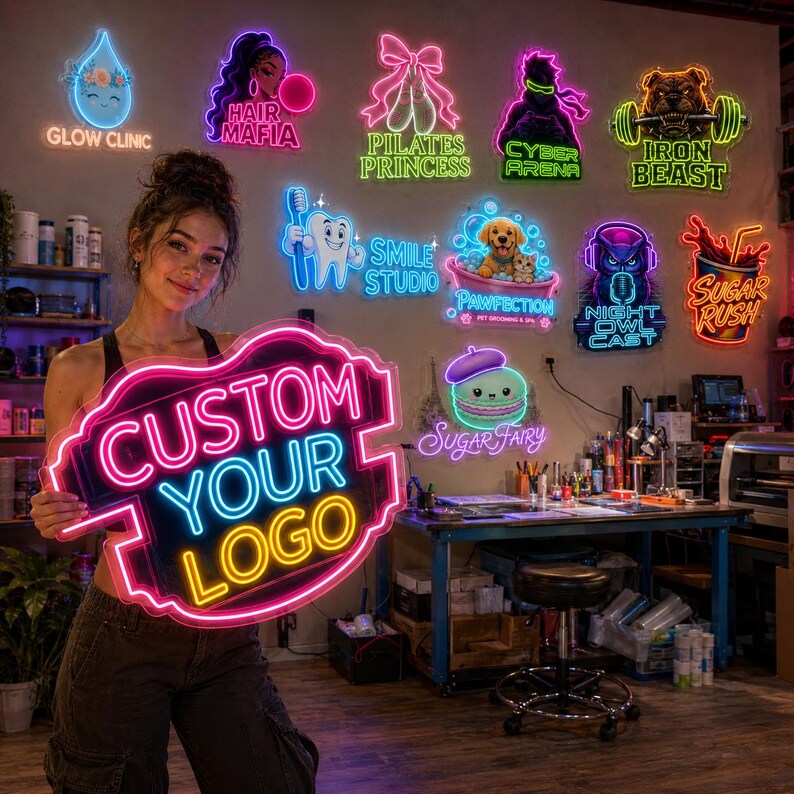 May include: A custom neon sign featuring the text CUSTOM YOUR LOGO in bright pink and yellow light, shaped like a decorative plaque. The sign is held in front of a wall displaying various other colorful neon signs with diverse graphic designs.
