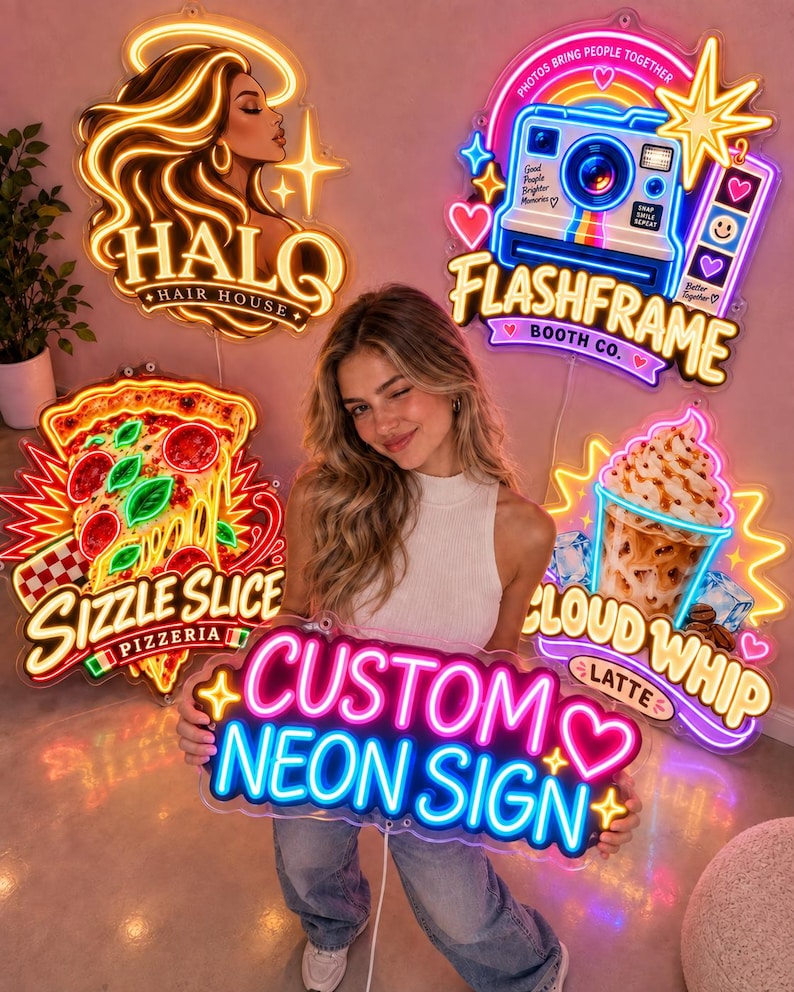 May include: A collection of five custom neon signs featuring various designs including a woman with a halo, a camera with the text FLASHFRAME BOOTH CO., a pizza slice labeled SIZZLE SLICE, a latte labeled CLOUD WHIP, and a sign reading CUSTOM NEON SIGN.