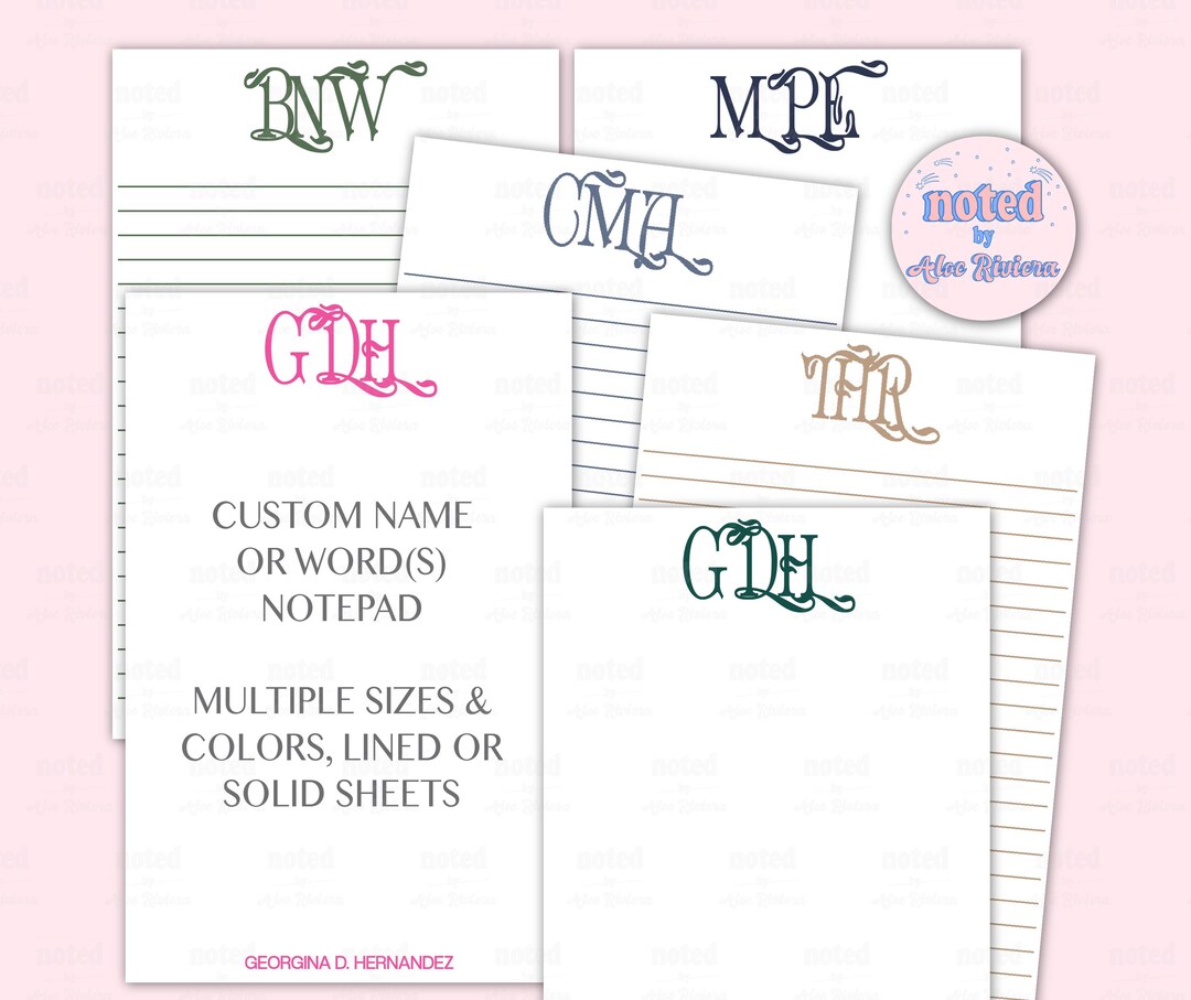 Elegant Monogrammed Notepad, Personalized Custom Note Pad, Name Lined ...