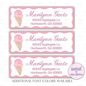 May include: Address labels in pink and white, featuring an ice cream cone illustration. The labels display the name "Marilynn Gaetz" and an address. The text "ADDITIONAL FONT COLORS AVAILABLE" is at the bottom.