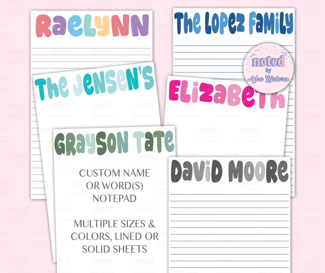 Colorful Name Notepad, Personalized Custom Note Pad, Name Lined Notepad ...