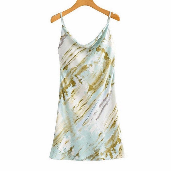 Tie Dye Teal and Sage Green Summer Boho Dress |Cocktail Guest Short Bohemian