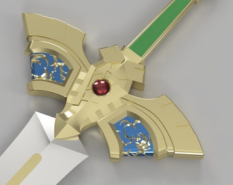 May include: A gold sword with a green handle and a red jewel in the center. The sword has intricate details and a blue and gold design.
