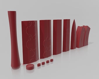 May include: A set of 10 red chess pieces, including a king, queen, rook, bishop, knight, and pawn. The pieces are made of a smooth, solid material and have a slightly textured surface. The pieces are arranged in a line on a white surface.