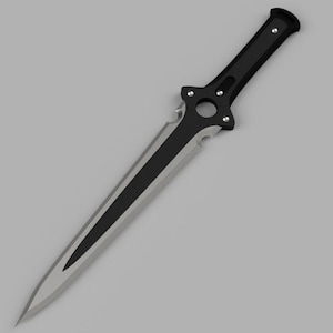May include: A black and silver dagger with a serrated edge and a black handle. The handle has a circular hole and a textured surface.