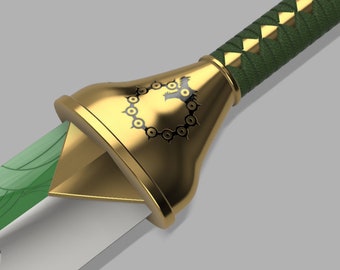 May include: Close-up of a gold sword hilt with a black dragon and chain design. The hilt is wrapped in green fabric with a diamond pattern.