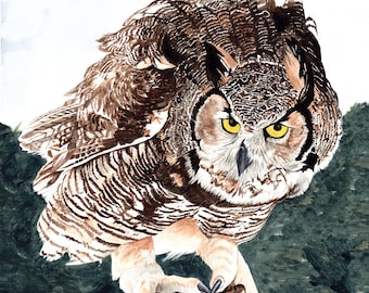 Great Horned Owl painting 8x10 watercolor