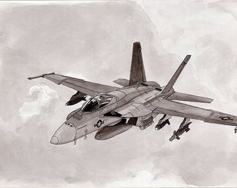 F18 Hornet 11x14 Ink Wash Painting