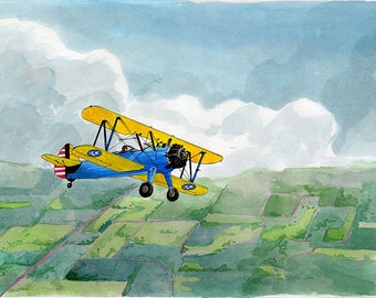 Boeing Steerman 11x14 Watercolor Painting