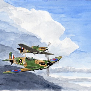 Spitfire painting with Hurricane 8x10 watercolor