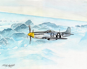 P-51 Mustang 11x14 Malarstwo akwarelowe