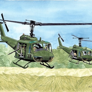 UH1 Huey Helicopters 8x10 Watercolor Painting