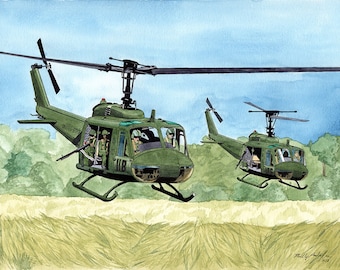 UH1 Huey Helicopters 8x10 Watercolor Painting