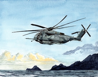 Hélicoptère CH53, aquarelle 8 x 10 pouces