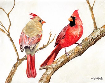 Cardinals pair 11x14 Watercolor Painting