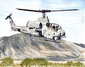 AH1 Cobra Helicopter 8x10 Watercolor Painting