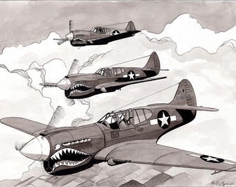 P40 Warhawks 8x10 Ink Wash Painting