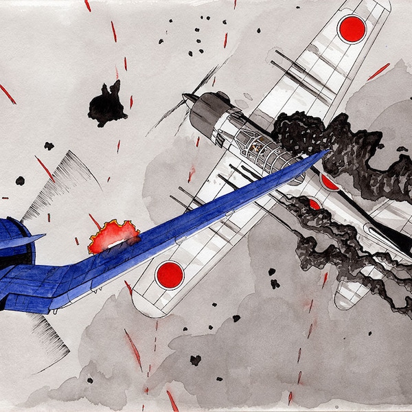 F4U Corsair vs Mitsubishi A6M Zero 11x14 Watercolor Painting