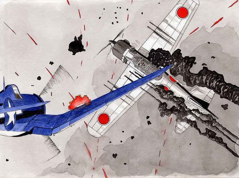 F4U Corsair vs Mitsubishi A6M Zero 11x14 Watercolor Painting