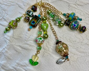 4, #4 Dark Greens Journal Planner Purse Dangles, Crystal Czech Lampwork Murano Charm Beads