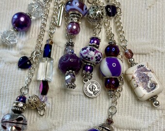 5, #5 Dark Purples Journal Planner Purse Dangles, Crystal Czech Lampwork Murano Charm Beads