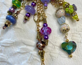6, #6 Various Purples Journal Planner Purse Dangles, Crystal Czech Lampwork Murano Charm Beads