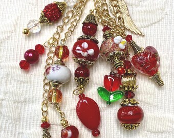 10 RED -1, Journal Planner Purse Dangles, Crystal Czech Lampwork Murano Charm Beads